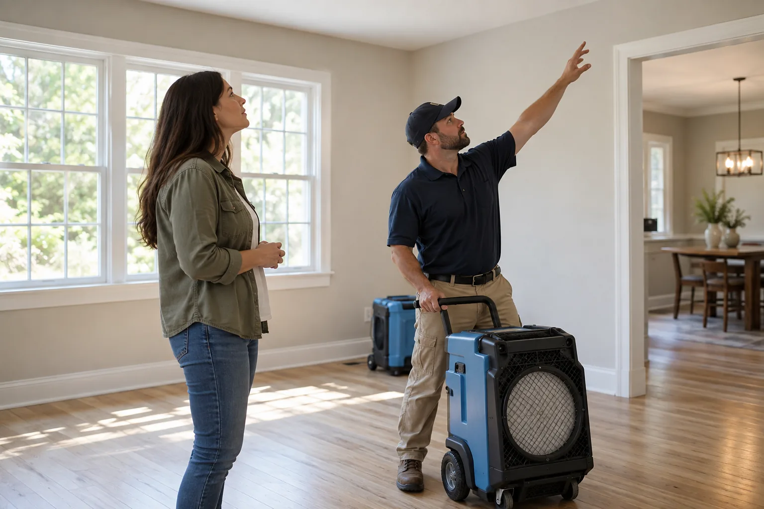 Homeowner and technician inspecting a clean restored room after remediation