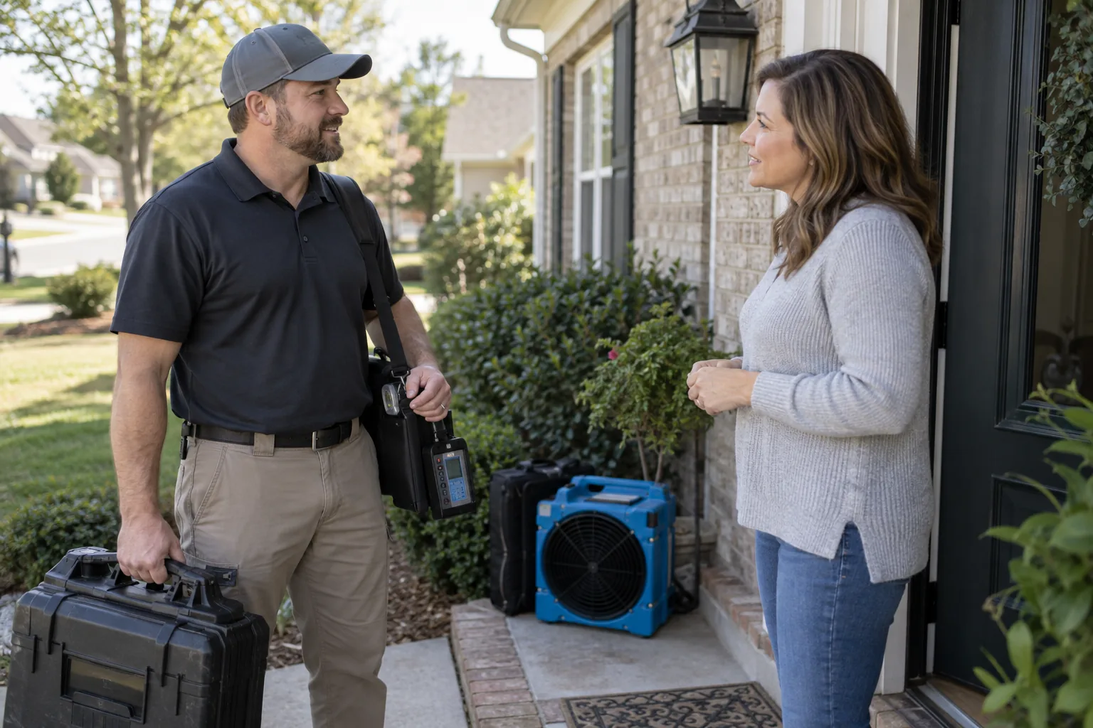 Inspector assessing a Jackson-area home while confirming service coverage