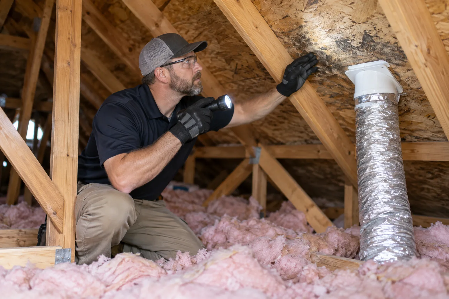 Inspector checking attic moisture in a Jackson Heights home