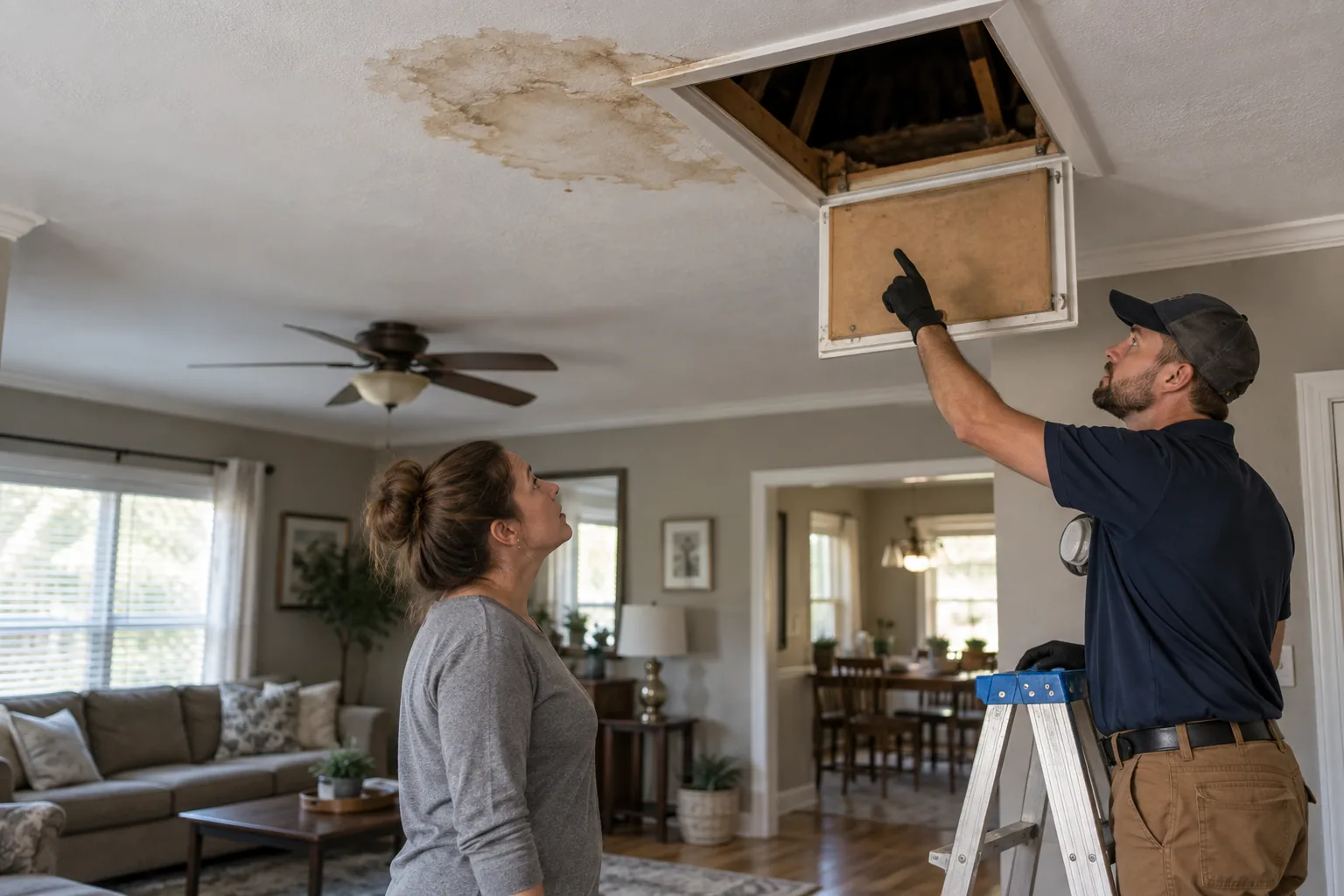 Jackson Heights homeowner documenting a ceiling stain after rain