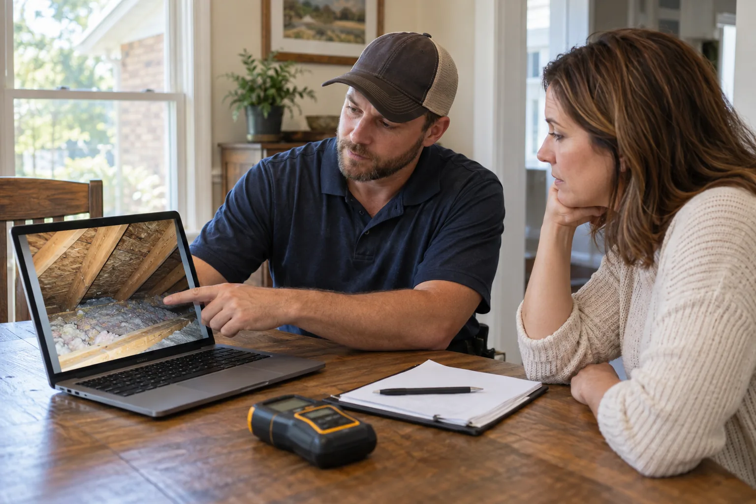 Homeowner reviewing moisture findings with an attic inspector