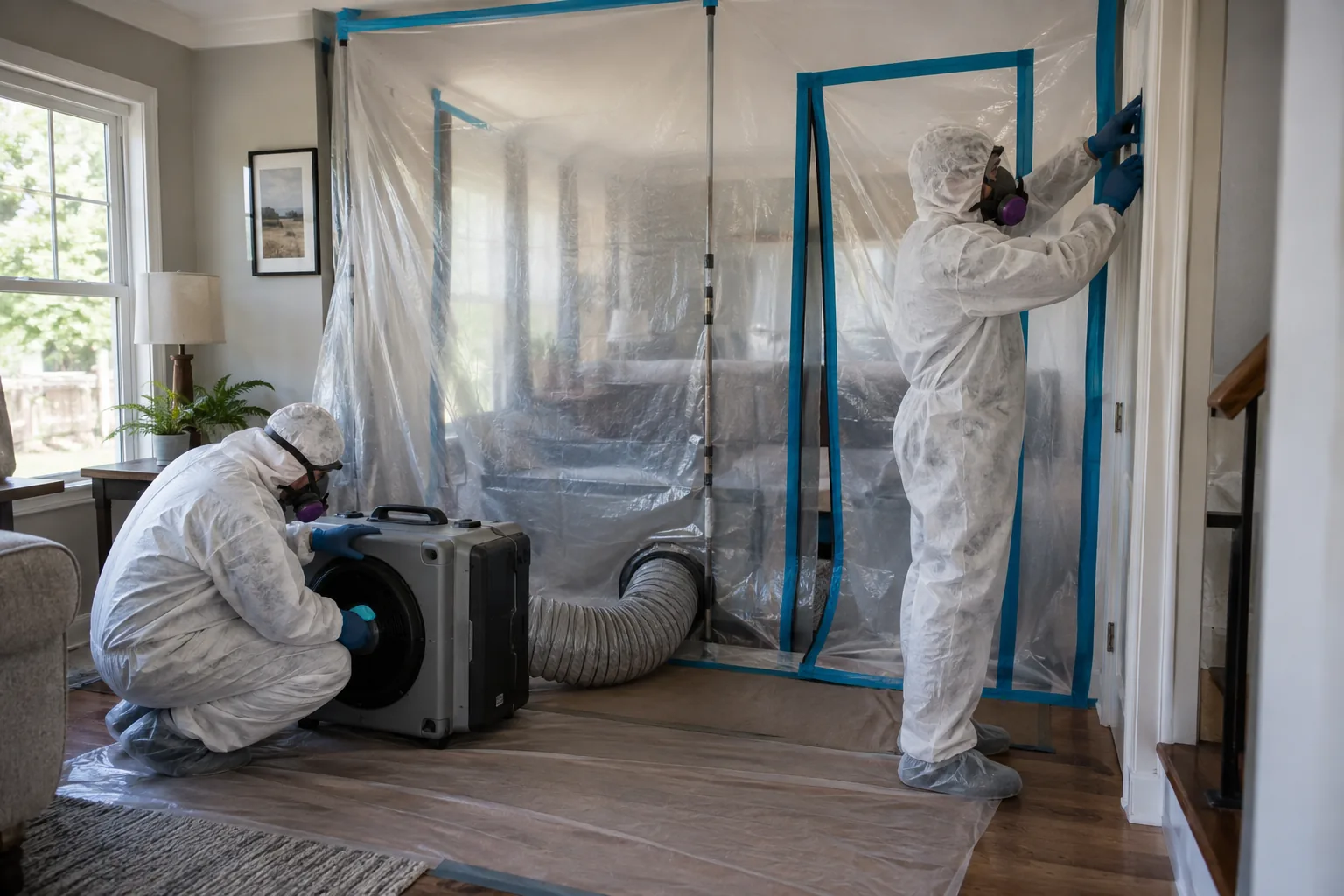 Mold remediation technicians setting containment and negative-air equipment in a home