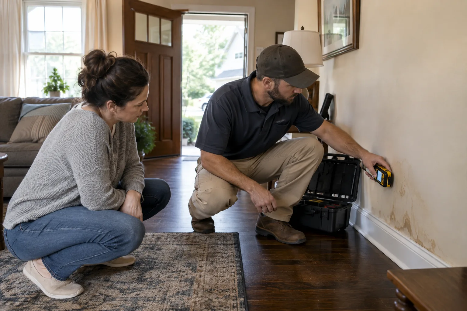 Mold specialist checking wall moisture while a Jackson homeowner observes