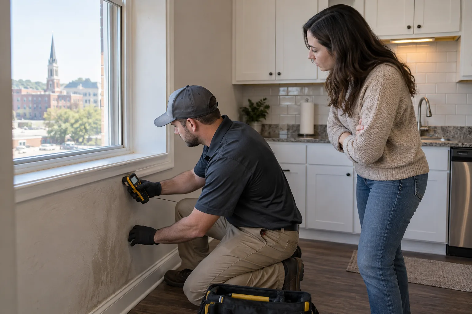 Inspector checking hidden moisture in a Midtown Jackson apartment