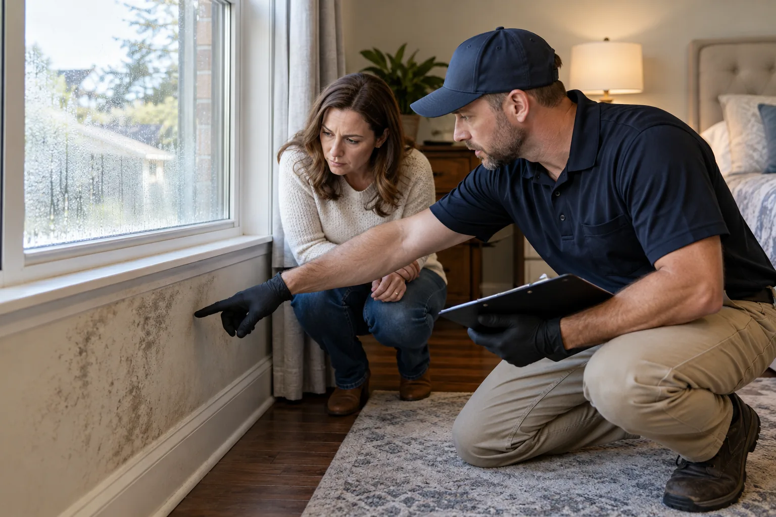 Midtown resident photographing window condensation and wall staining
