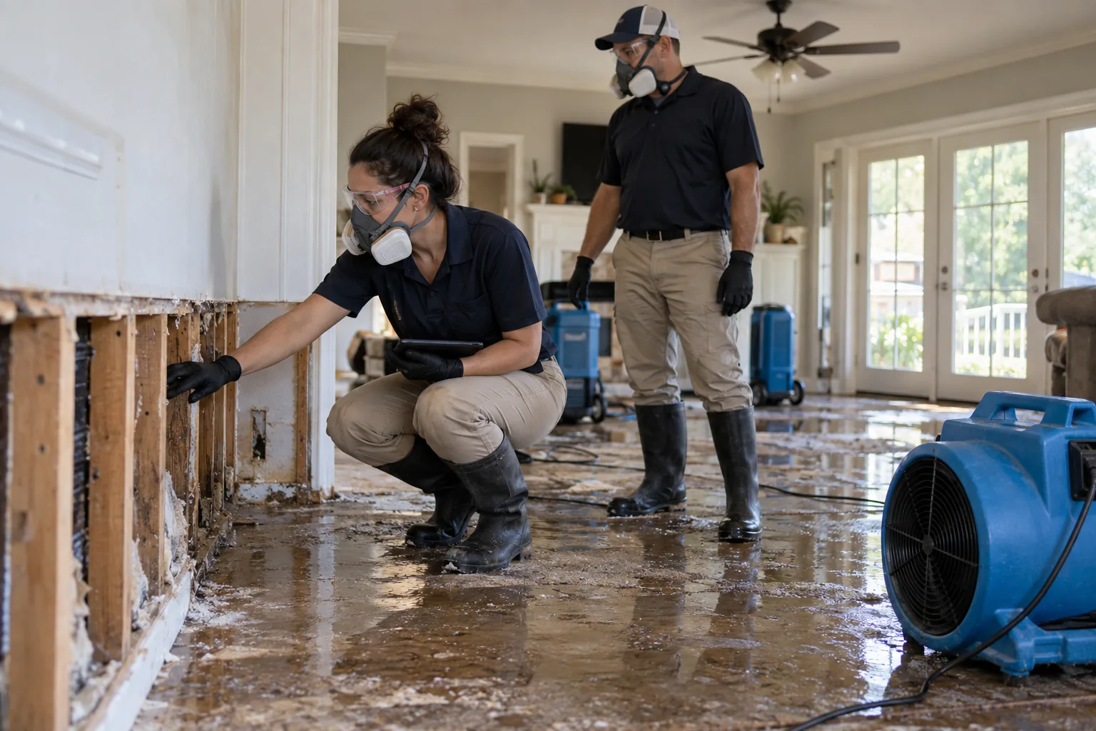 Water-damage crew beginning safe cleanup after residential flooding