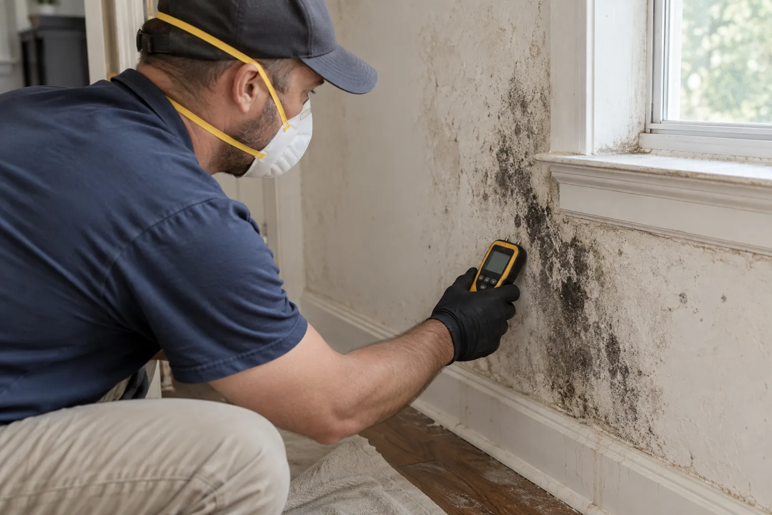 Moisture meter beside dark and light surface growth on damaged drywall