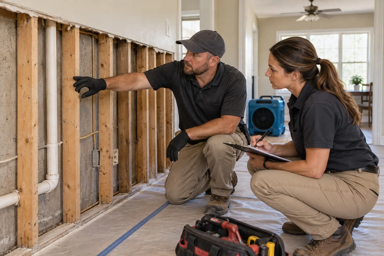 Repair contractor inspecting an open wall after mold remediation