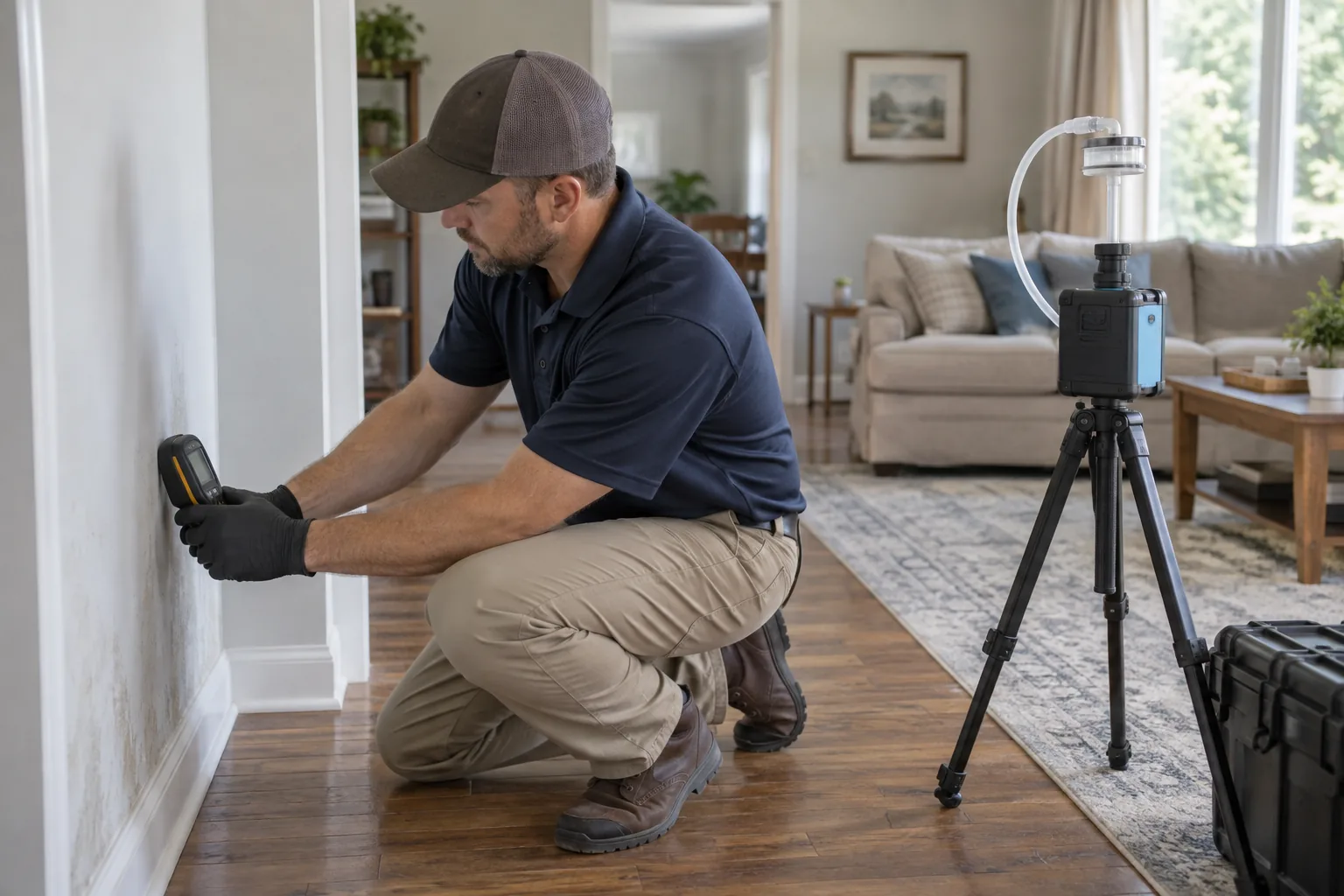 Independent inspector collecting a mold sample after a moisture assessment