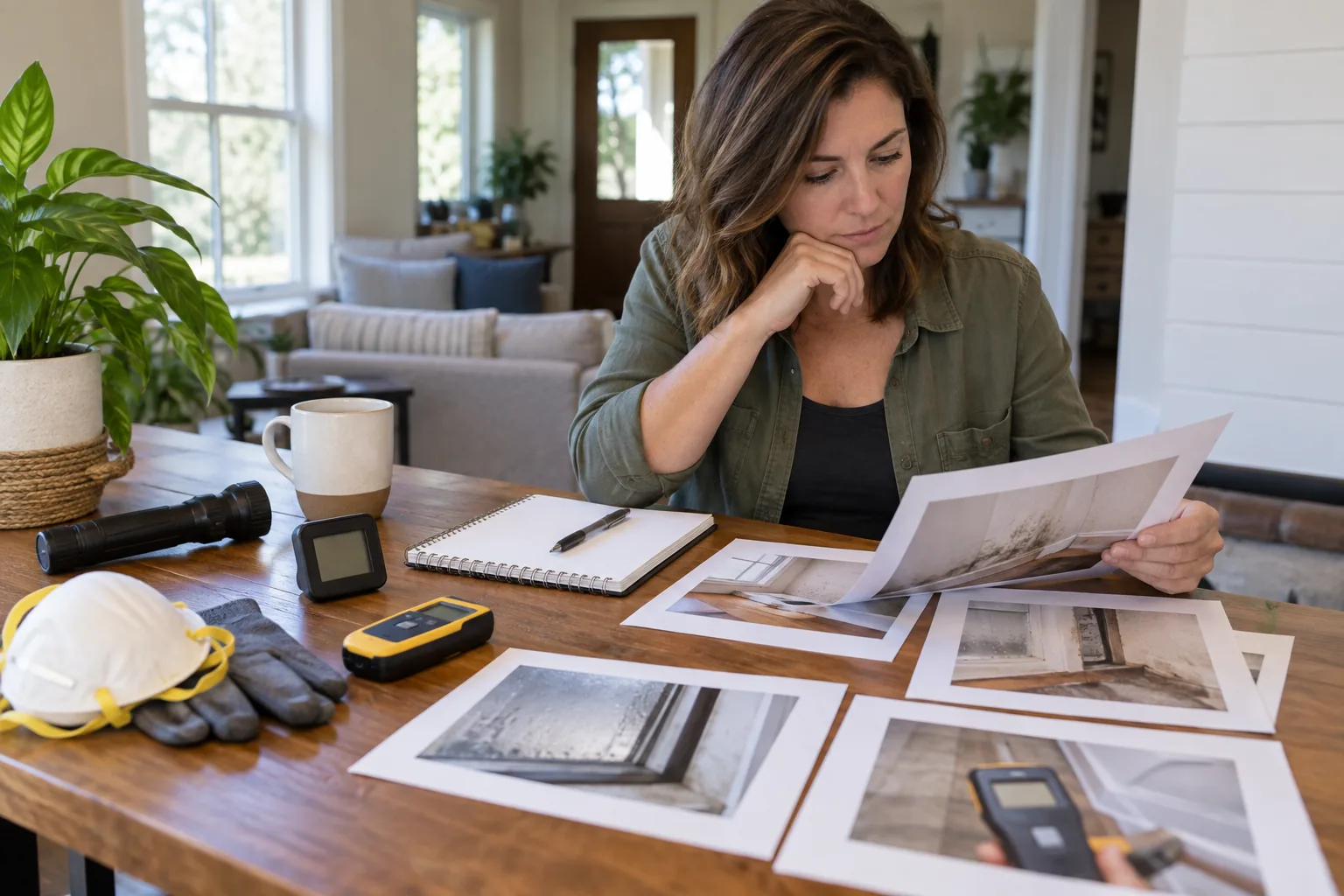 Homeowner reviewing organized mold and moisture guides beside a notebook
