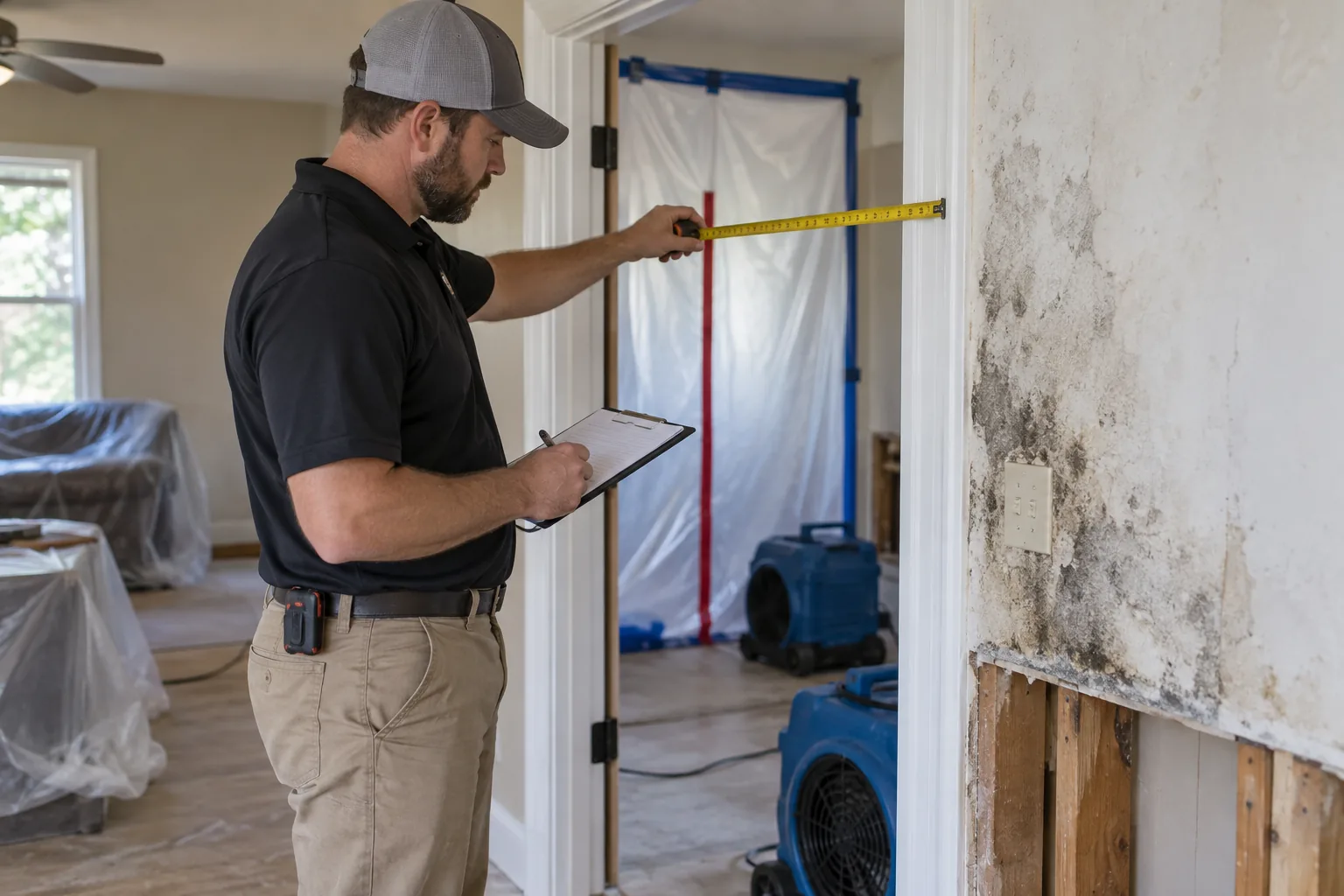 Estimator measuring containment area and difficult access that affect mold-removal cost