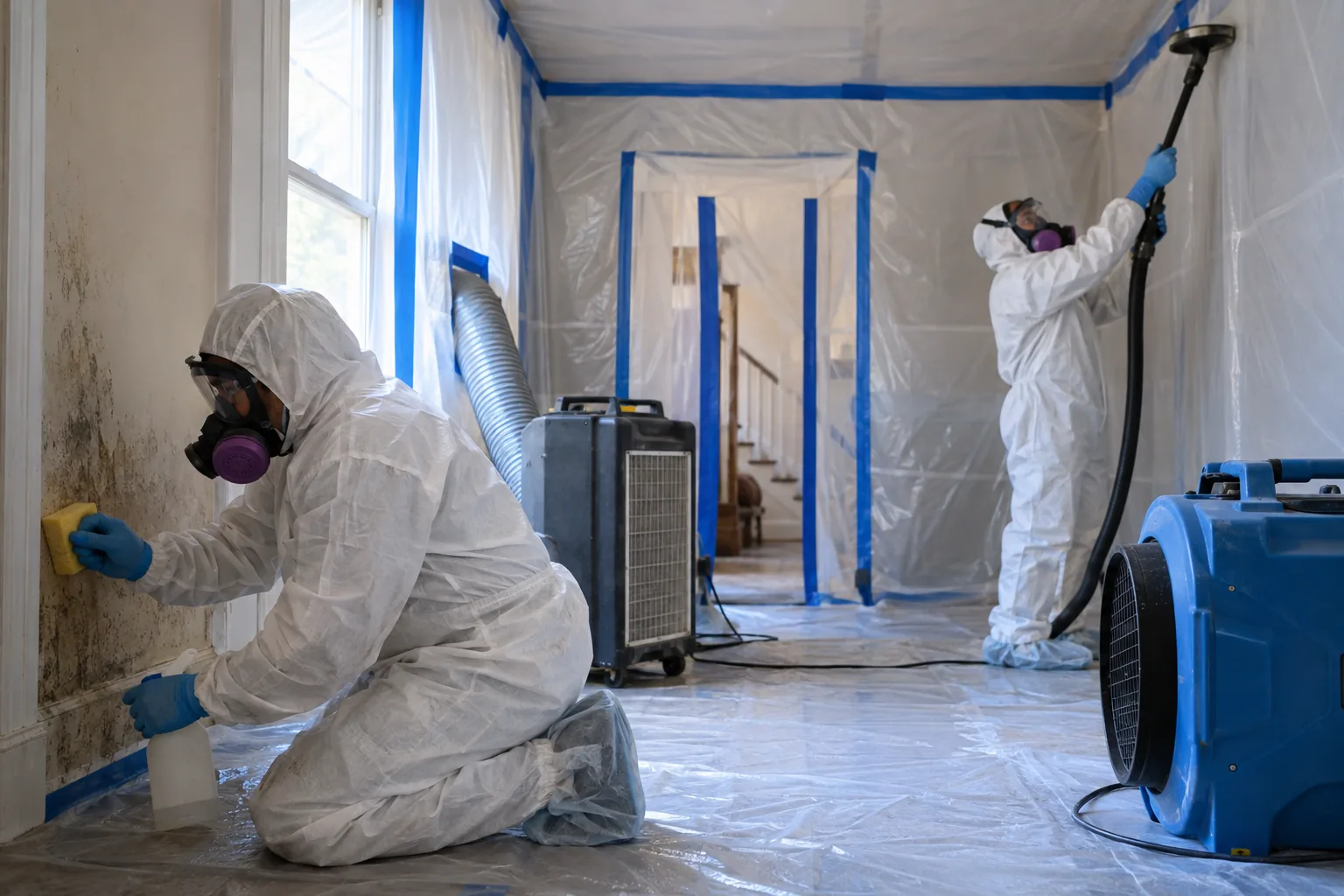 Mold remediation technicians working inside a sealed residential containment area