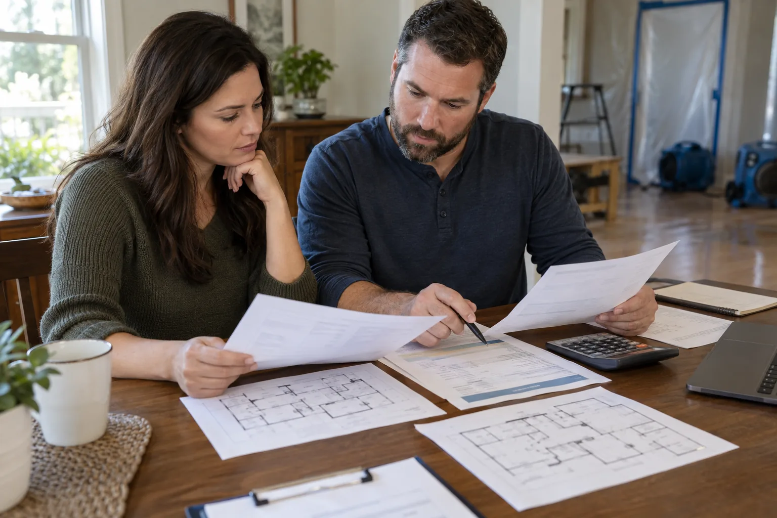 Homeowner comparing mold remediation cost scopes and floor plans