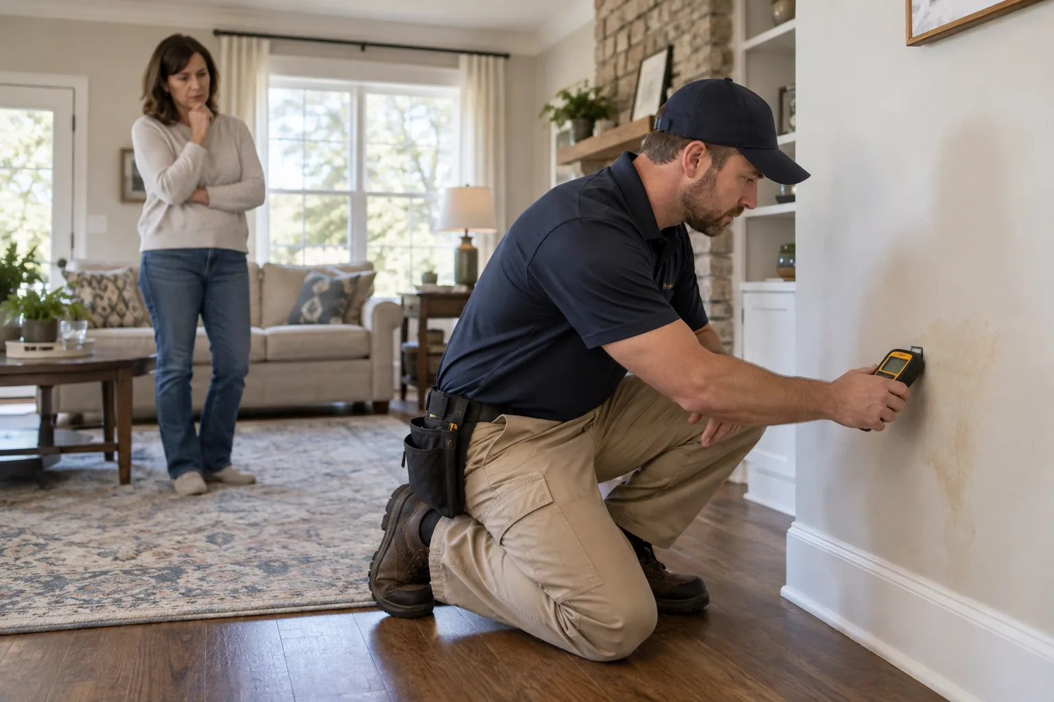 Mold inspector using a moisture meter near water-stained drywall while a Jackson homeowner observes