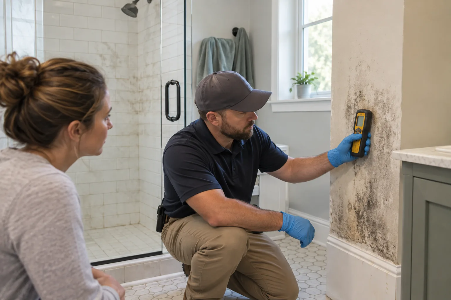 Inspector comparing surface growth on bathroom tile and damp drywall