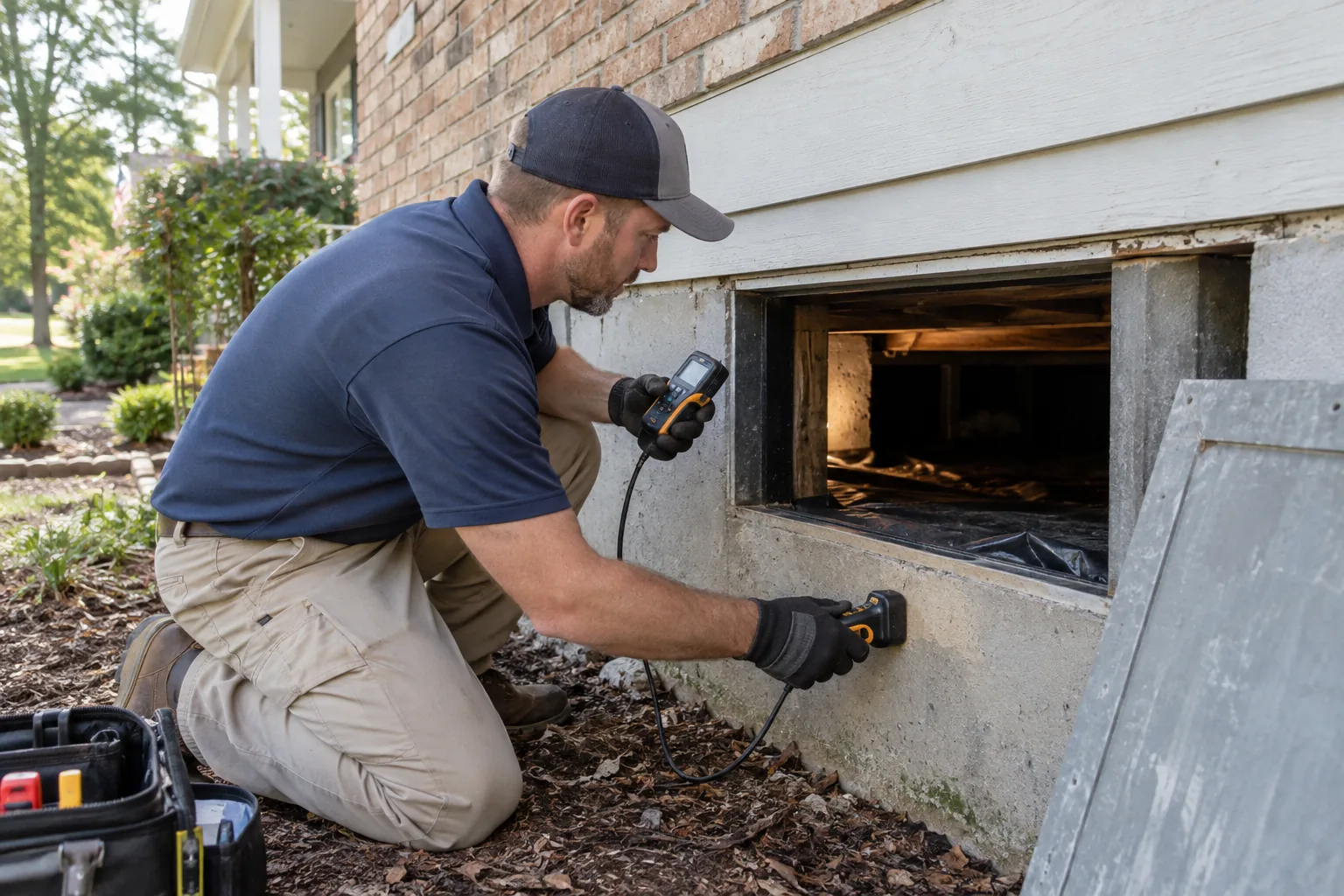 Inspector checking crawl-space humidity at an Old Hickory home