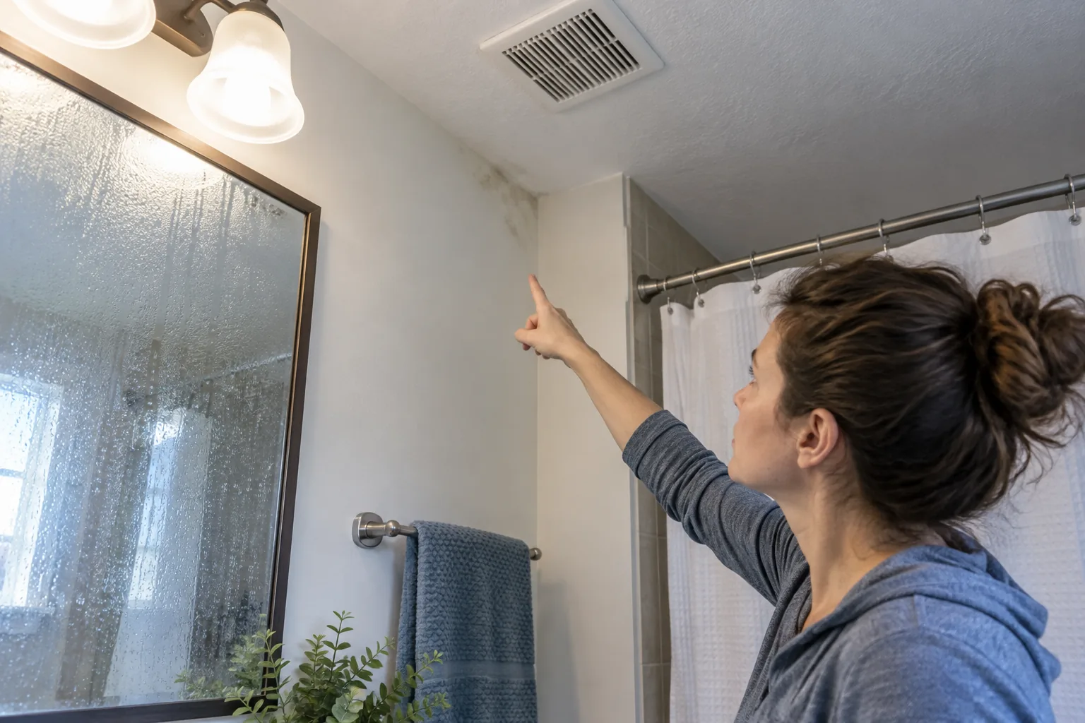 Old Hickory homeowner documenting bathroom moisture and ventilation