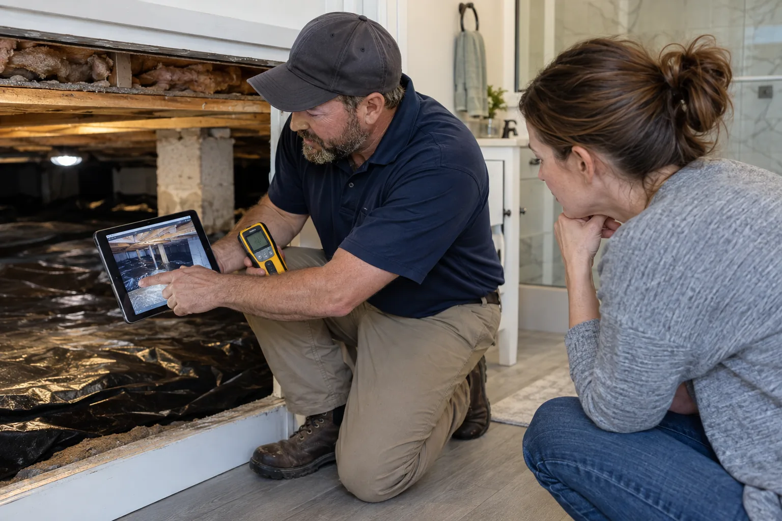 Provider explaining crawl-space and bathroom moisture findings