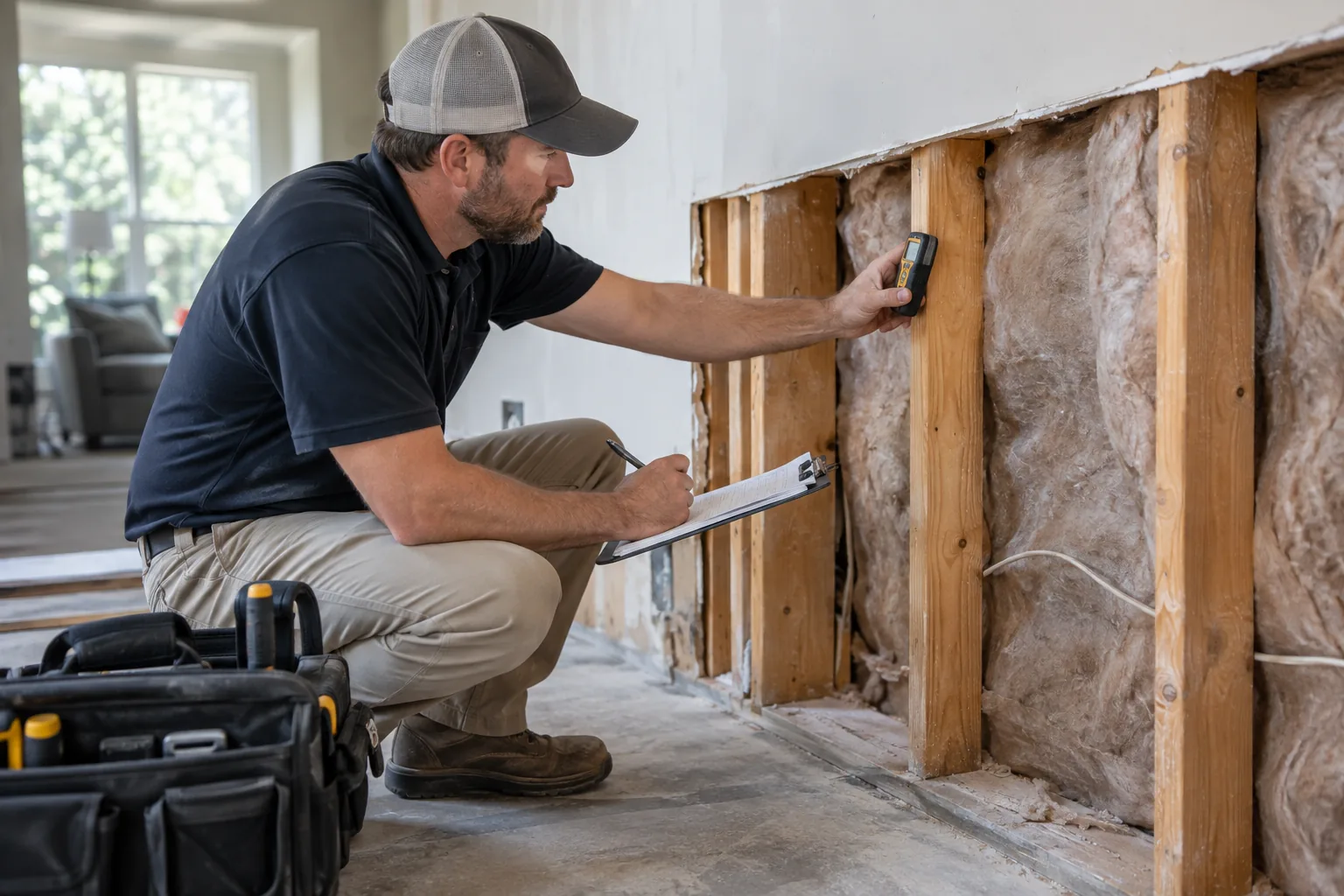 Contractor building a repair scope from a dry open wall assembly