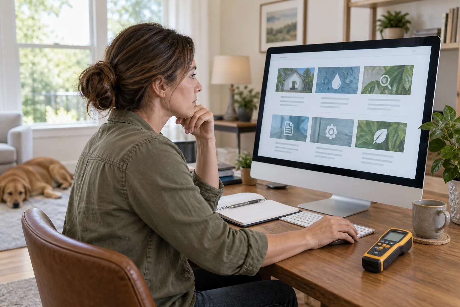 Homeowner browsing an organized index of mold and moisture resources