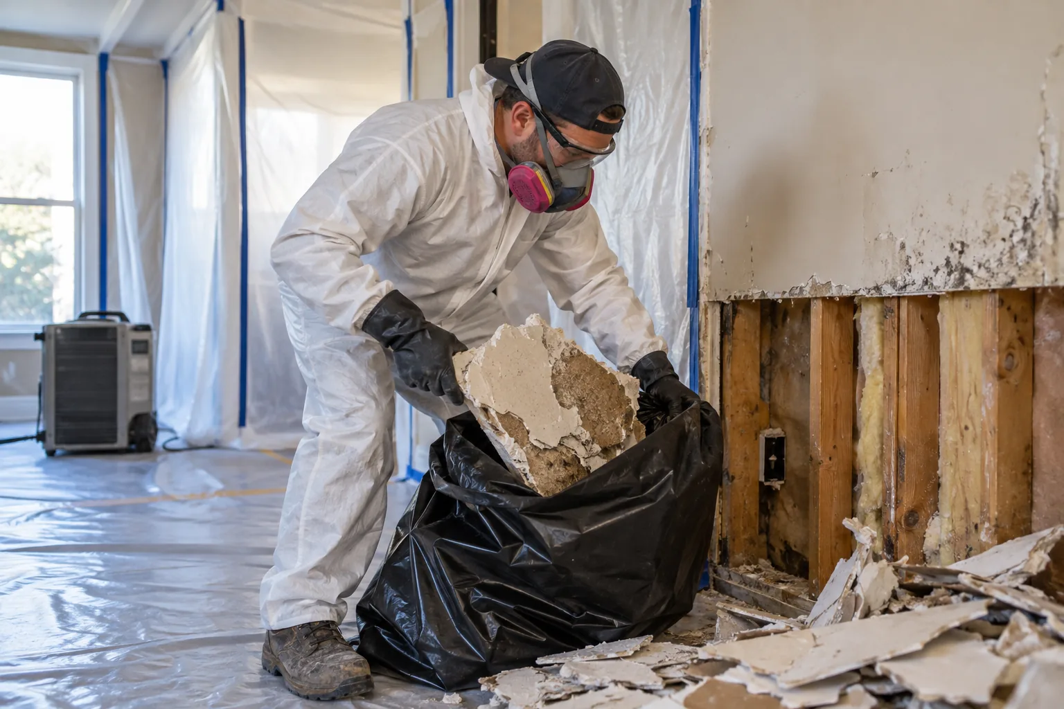 Technician physically removing damaged drywall before any fogging treatment
