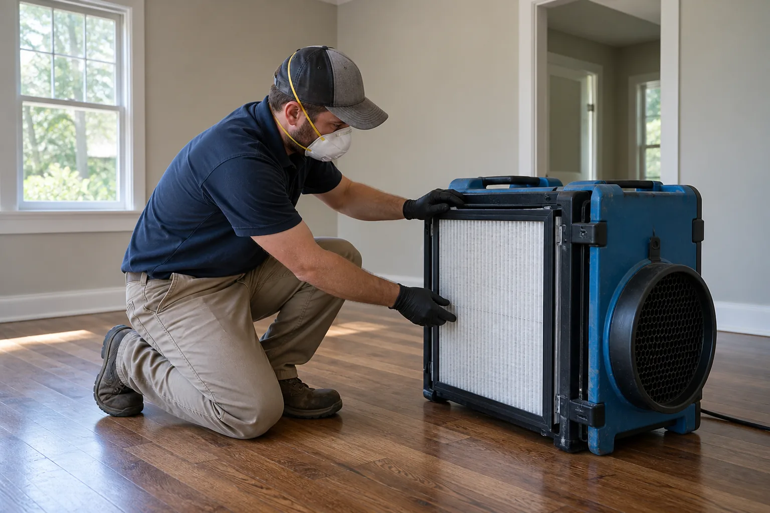 Portable HEPA air scrubber operating in a cleaned room