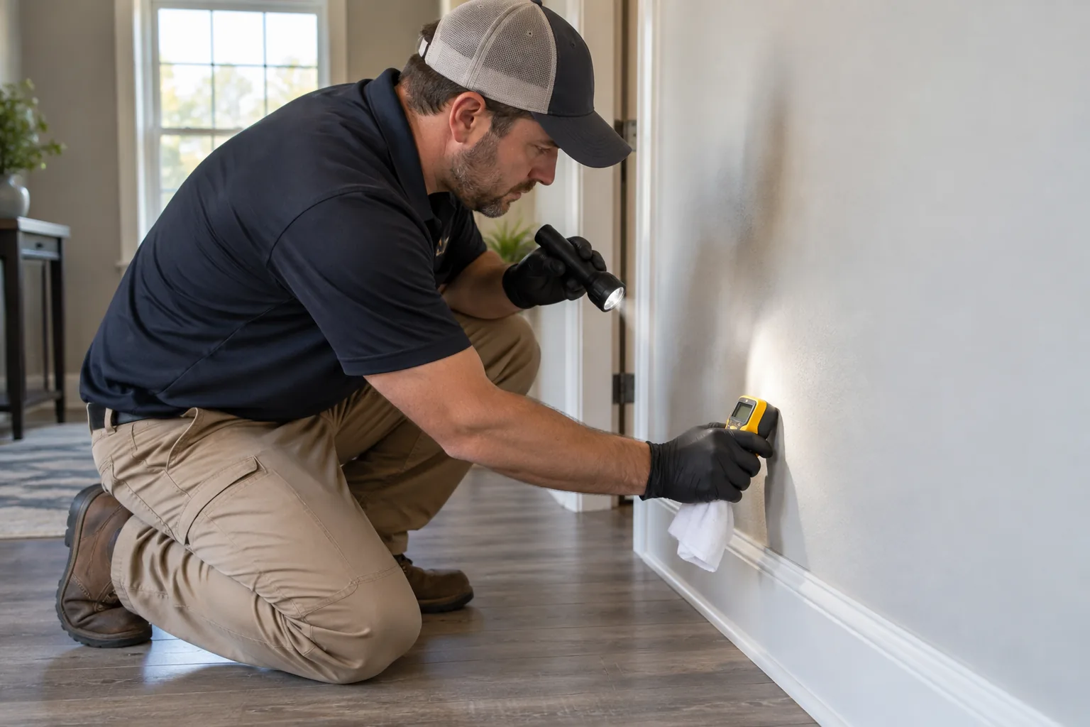 Inspector performing visual, moisture, odor, and cleanliness checks after remediation