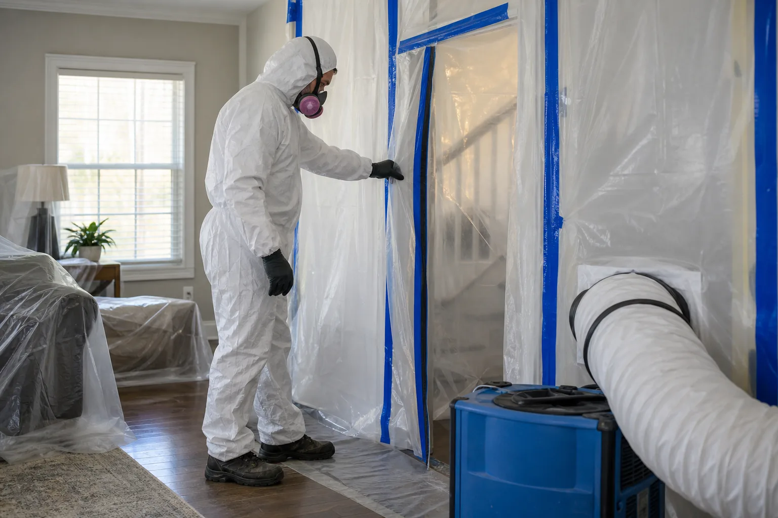 Technician entering a sealed mold containment area with proper PPE