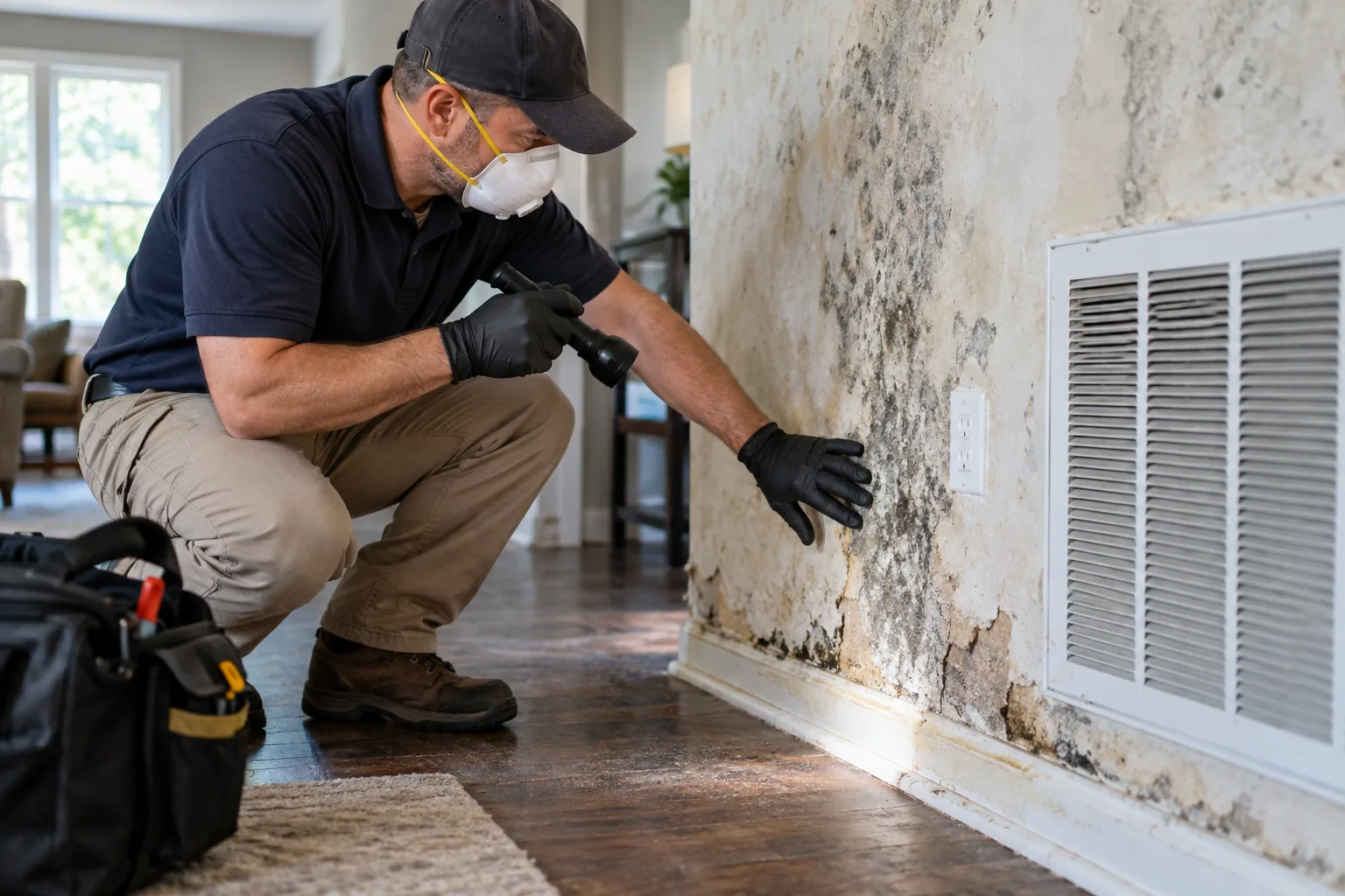 Inspector evaluating project size, porous materials, and HVAC involvement