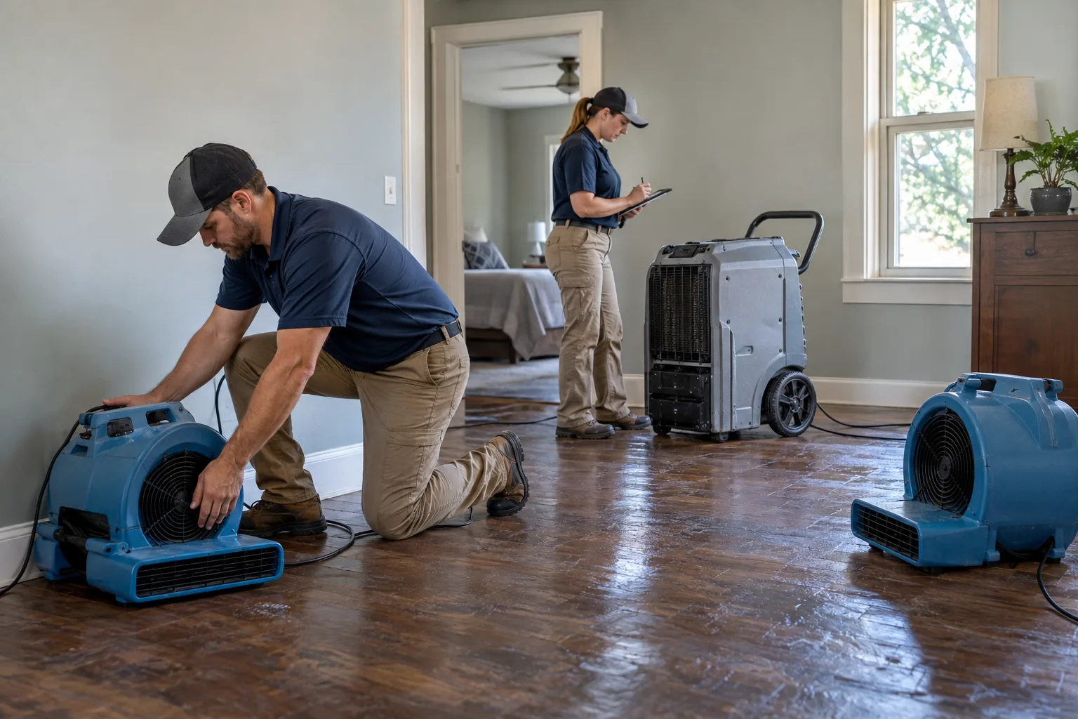 Technicians using air movers and dehumidification during the first 48 hours