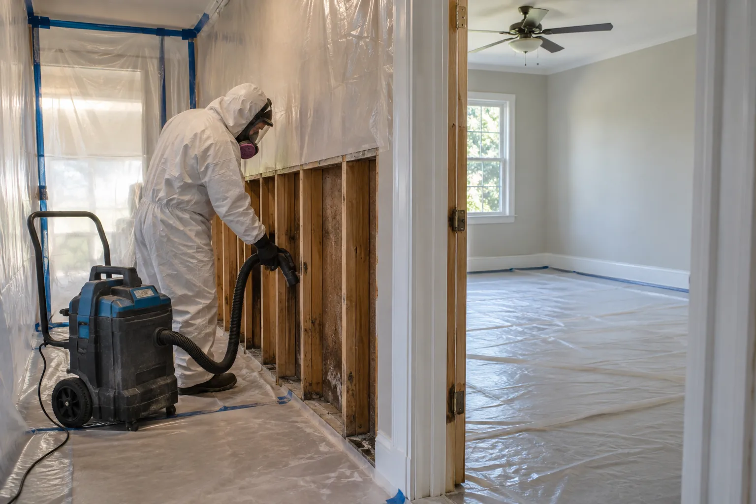 Controlled mold removal area beside a clean room awaiting restoration