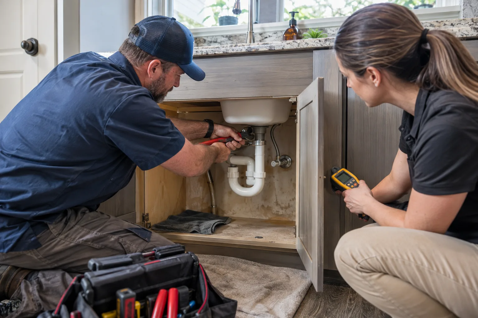 Plumber repairing the moisture source before mold removal begins