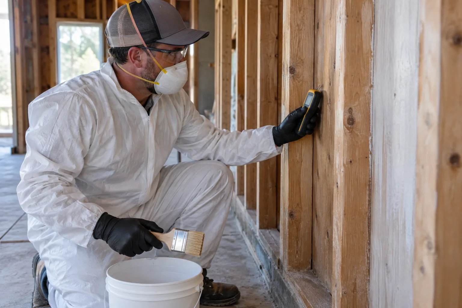 Technician preparing clean dry wood before applying an encapsulant coating