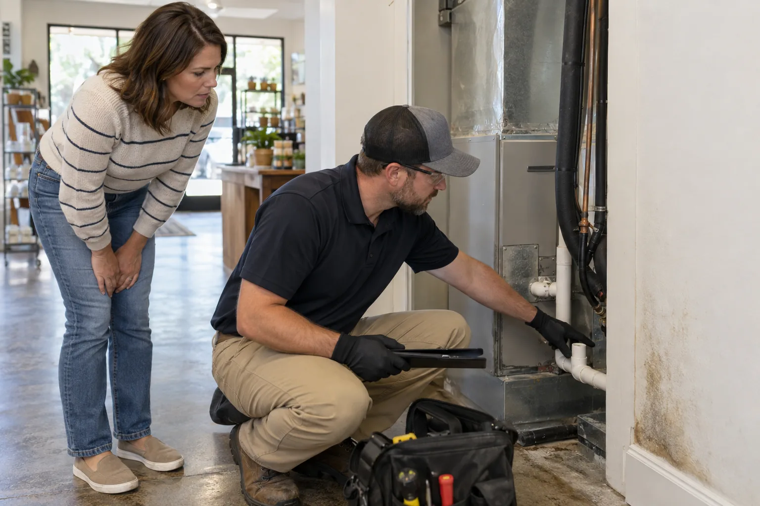 Inspector checking HVAC condensation in a Vann Drive property