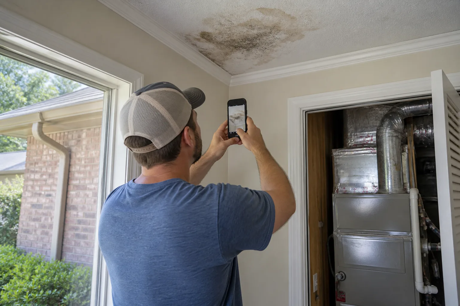 Vann Drive property owner documenting a roof leak and wall stain