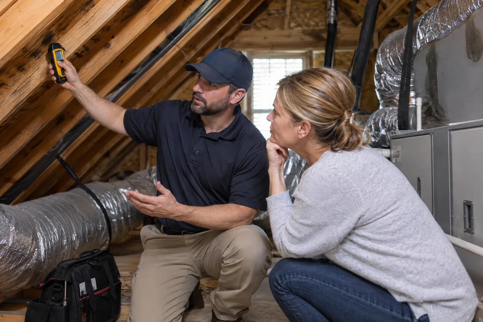 Property owner discussing the appropriate moisture service with an inspector