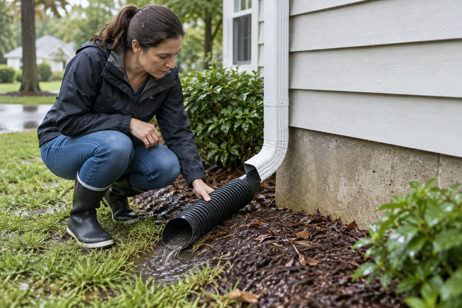 Homeowner cleaning gutters and checking drainage for mold prevention